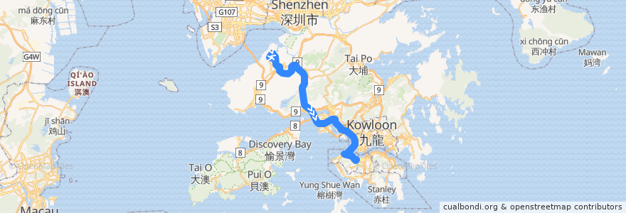 Mapa del recorrido 過海隧巴967線 Cross-harbour Bus 967 (天恩邨 Tin Yan Estate → 金鐘 Admiralty (不經美湖居 omit Maywood Court)) de la línea  en 香港 Hong Kong.
