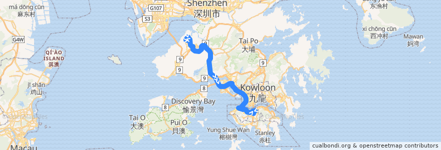Mapa del recorrido 過海隧巴967X線 Cross-harbour Bus 967X (天恩邨 Tin Yan Estate → 銅鑼灣 Causeway Bay) de la línea  en 홍콩.