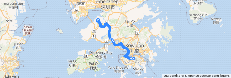 Mapa del recorrido 過海隧巴967X線 Cross-harbour Bus 967X (銅鑼灣 Causeway Bay → 天恩邨 Tin Yan Estate) de la línea  en Hong Kong.