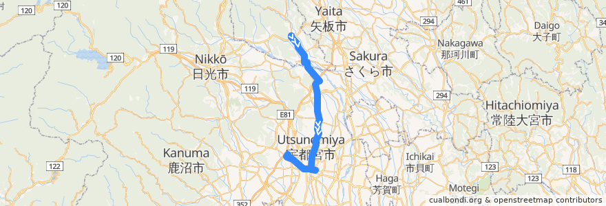 Mapa del recorrido 関東自動車バス[10] 玉生車庫⇒駒生営業所 de la línea  en 栃木県.