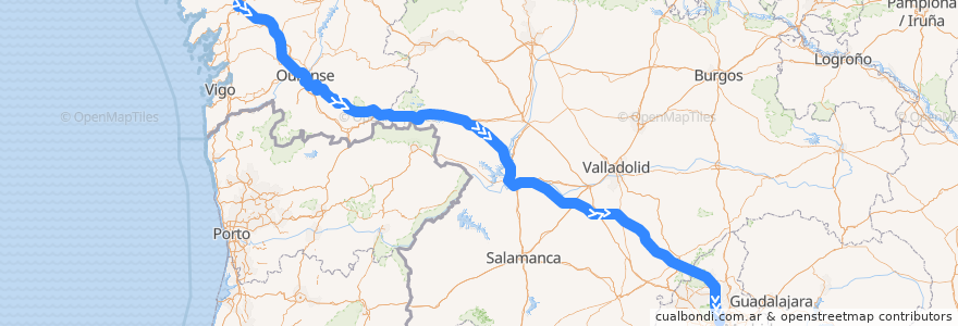 Mapa del recorrido Alvia Santiago - Madrid de la línea  en España.
