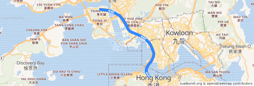 Mapa del recorrido 東涌綫 Tung Chung Line (香港 Hong Kong → 青衣 Tsing Yi) de la línea  en 香港 Hong Kong.
