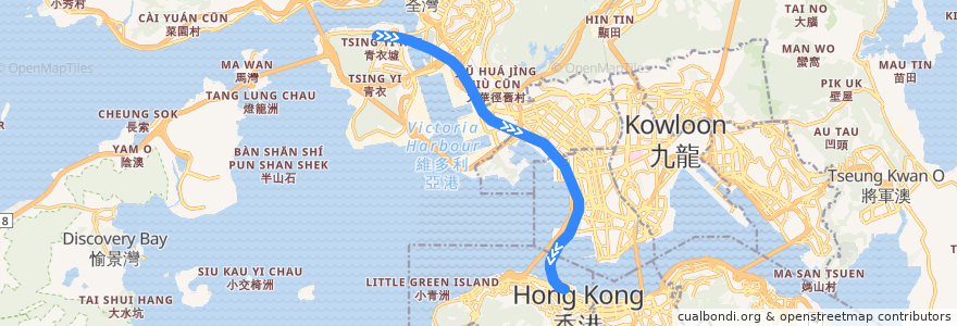 Mapa del recorrido 東涌綫 Tung Chung Line (青衣 Tsing Yi → 香港 Hong Kong) de la línea  en 香港 Hong Kong.