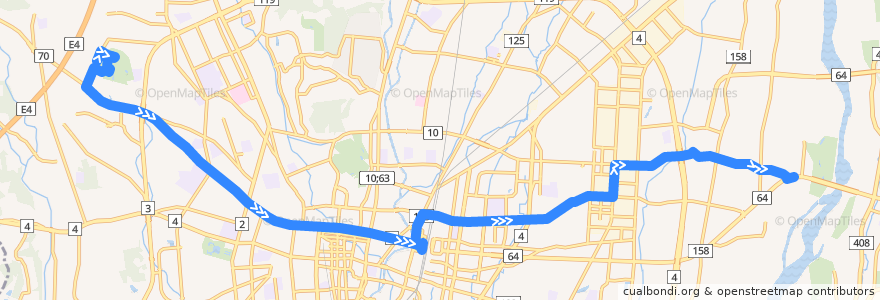 Mapa del recorrido 関東自動車バス[12] 駒生営業所⇒健康の森・越戸⇒柳田車庫 de la línea  en 宇都宮市.