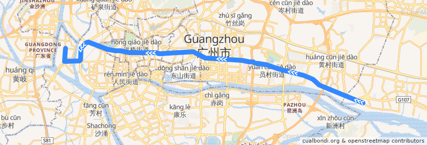 Mapa del recorrido 261路[鱼珠总站-河沙(太佳广场)总站] de la línea  en 广州市.