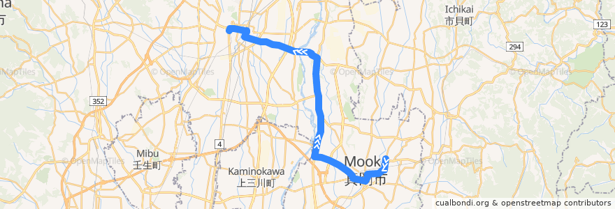 Mapa del recorrido 真岡営業所⇒亀山⇒宇都宮東武 de la línea  en Präfektur Tochigi.