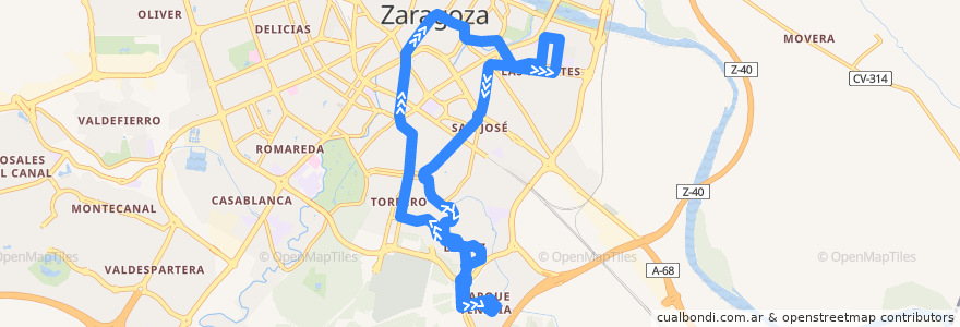 Mapa del recorrido Bus N5: Plaza Aragón - Las Fuentes - San José - La Paz - Parque Venecia de la línea  en Zaragoza.