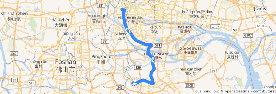 Mapa del recorrido 288A路(广州火车南站总站-西华路尾总站) de la línea  en 广州市.