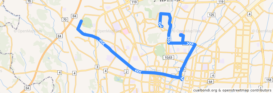 Mapa del recorrido 関東自動車バス[10] 富士見ヶ丘団地⇒済生会病院・竹林⇒駒生営業所 de la línea  en 宇都宮市.