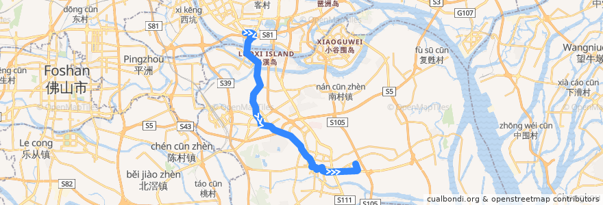 Mapa del recorrido 301路(傍雁路临时公交总站-海珠客运站总站) de la línea  en 番禺区.