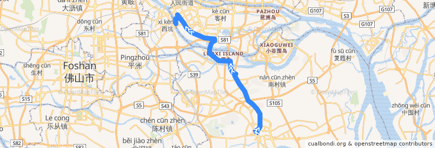 Mapa del recorrido 303路(市桥汽车站-太古仓路总站) de la línea  en Guangzhou.