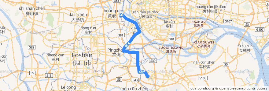 Mapa del recorrido 309A路(滘口客运站总站-广州火车南站总站) de la línea  en 广东省.
