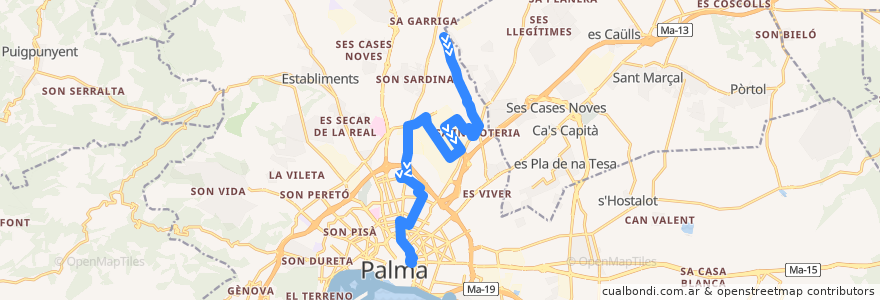 Mapa del recorrido Bus 11: Sa Indioteria → Porta de Sant Antoni de la línea  en Пальма.