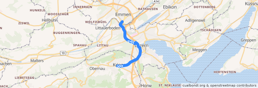 Mapa del recorrido Bus 5: Kriens, Busschleife => Emmenbrücke, Bahnhof Süd de la línea  en Lucerna.