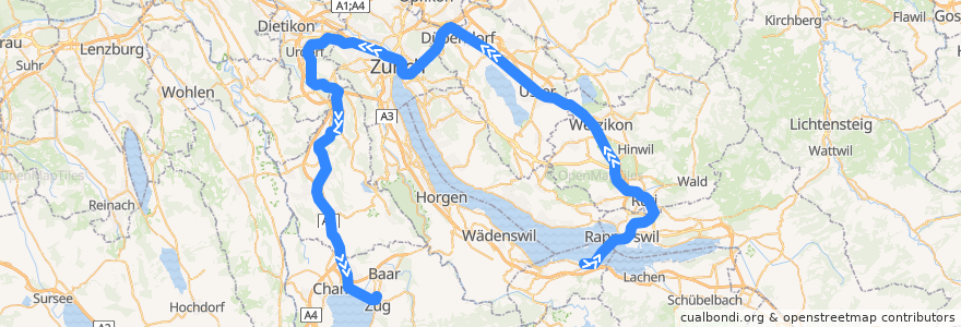 Mapa del recorrido S5: Pfäffkon SZ –> Zug de la línea  en Zurigo.