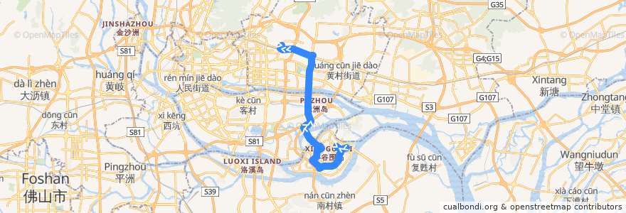 Mapa del recorrido 大学城2线(大学城广中医总站-华工大总站) de la línea  en Canton.