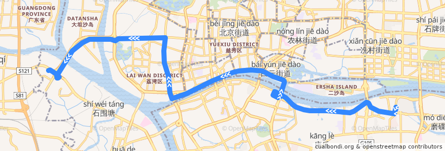 Mapa del recorrido 旅游2线[芳村大道西(滘口客运站)总站-珠江帝景苑总站] de la línea  en 广州市.