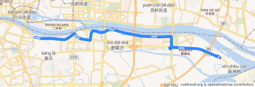 Mapa del recorrido 旅游观光1线(珠江泳场总站-黄埔古村总站) de la línea  en 广州市.