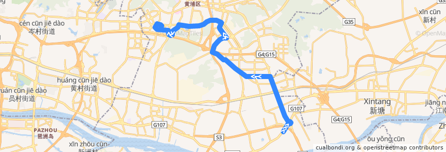 Mapa del recorrido 321路[南岗总站-科学城(天泰二路)总站] de la línea  en Huangpu.