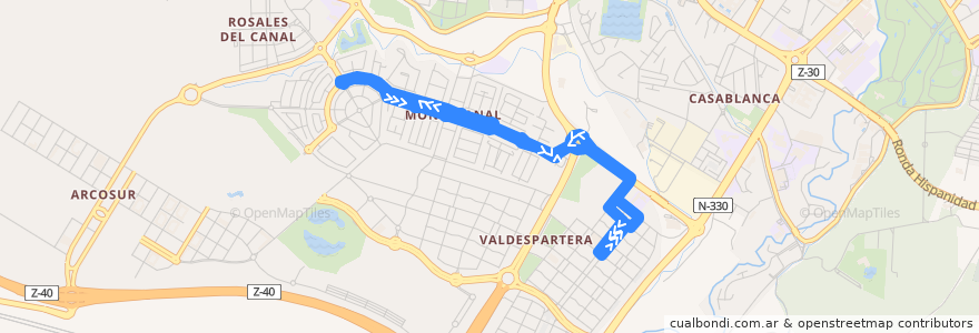 Mapa del recorrido Bus 55: Montecanal - Tranvía de la línea  en Saragossa.