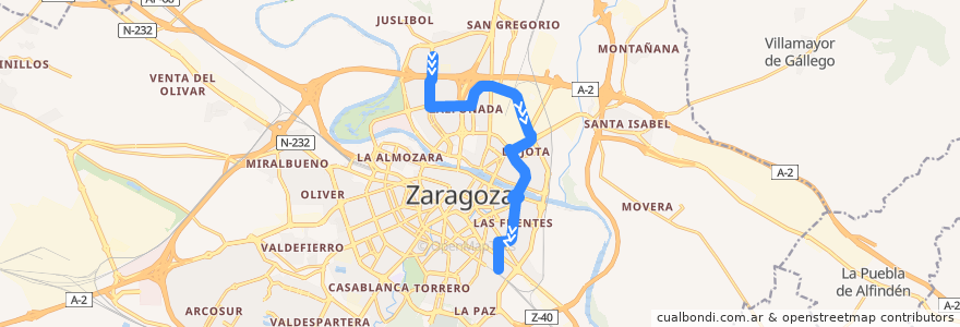 Mapa del recorrido Bus 44: Campus Río Ebro => Miraflores de la línea  en Zaragoza.