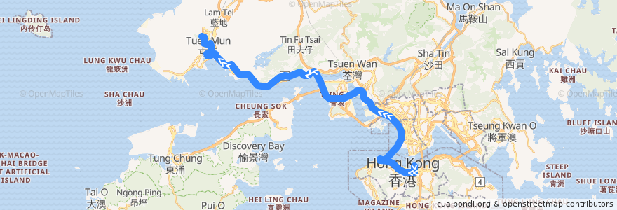 Mapa del recorrido 過海隧巴961線 Cross-harbour Bus 961 (灣仔（會展） Wan Chai (HKCEC) → 山景 Shan King) de la línea  en 香港 Hong Kong.