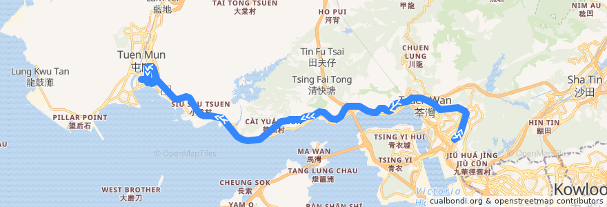 Mapa del recorrido 九巴260C線 KMB 260C (葵芳站 Kwai Fong Station → 三聖 Sam Shing) de la línea  en 香港 Hong Kong.