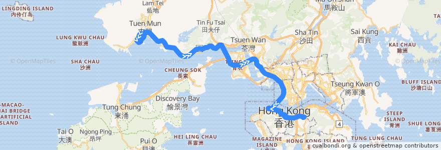 Mapa del recorrido 過海隧巴962P線 Cross-harbour Bus 962P (龍門居 Lung Mun Oasis​ → 銅鑼灣 Causeway Bay) de la línea  en Hong Kong.