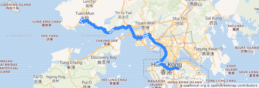 Mapa del recorrido 過海隧巴962線 Cross-harbour Bus 962 (龍門居 Lung Mun Oasis​ → 銅鑼灣 Causeway Bay (不經屯門碼頭區 omit Tuen Mun Pier Area)) de la línea  en 香港 Hong Kong.