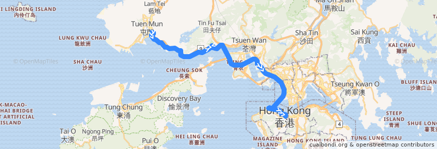 Mapa del recorrido 過海隧巴962B線 Cross-harbour Bus 962B (置樂花園 Chi Lok Fa Yuen​ → 金鐘 Admiralty) de la línea  en 香港 Hong Kong.