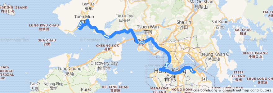 Mapa del recorrido 過海隧巴962C線 Cross-harbour Bus 962C (龍門居 Lung Mun Oasis​ → 鰂魚涌 Quarry Bay) de la línea  en 香港 Hong Kong.