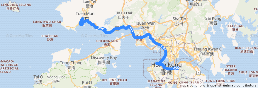 Mapa del recorrido 過海隧巴962線 Cross-harbour Bus 962 (銅鑼灣 Causeway Bay → 龍門居 Lung Mun Oasis​) de la línea  en 香港 Hong Kong.