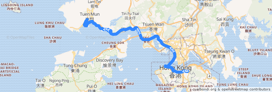 Mapa del recorrido 過海隧巴N962線 Cross-harbour Bus N962 (銅鑼灣 Causeway Bay → 龍門居 Lung Mun Oasis​) de la línea  en Hong Kong.