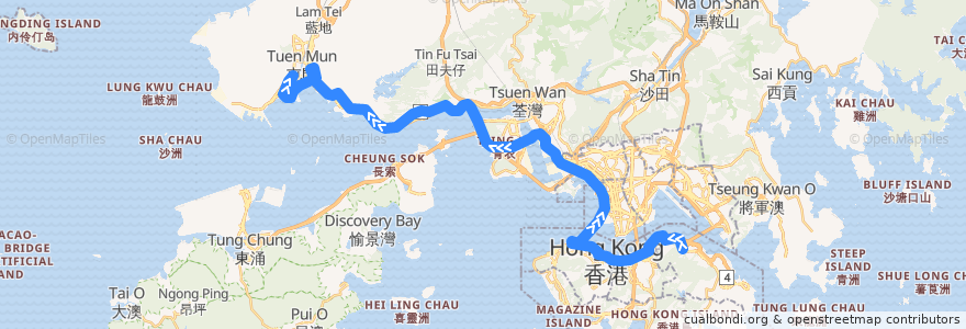 Mapa del recorrido 過海隧巴962C線 Cross-harbour Bus 962C (鰂魚涌 Quarry Bay → 龍門居 Lung Mun Oasis​) de la línea  en 香港 Hong Kong.
