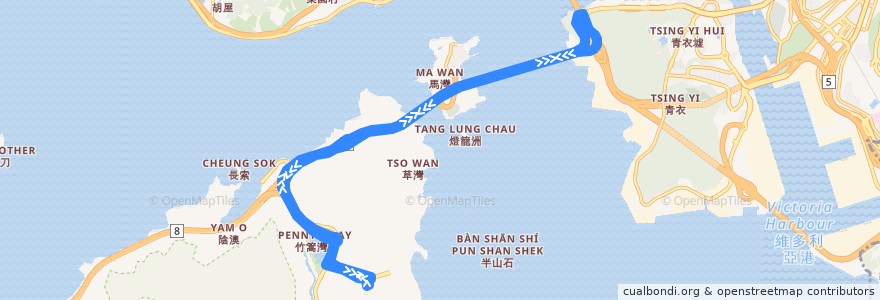 Mapa del recorrido 迪士尼樂園巴士R8線 Disneyland Bus R8 (迪士尼樂園 Disneyland ↺ 青嶼幹線收費廣場 Lantau Link Toll Plaza (不經迪欣湖 omit Inspiration Lake)) de la línea  en Hong Kong.