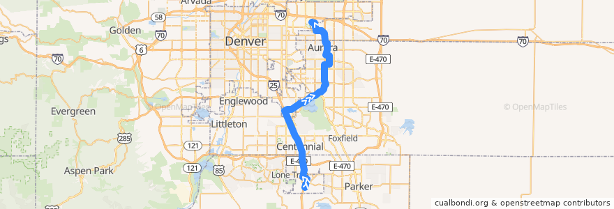 Mapa del recorrido RTD R Line → Peoria de la línea  en 科罗拉多州 / 科羅拉多州.