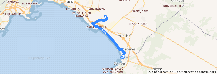 Mapa del recorrido Bus 21: S'Arenal → Aeroport de la línea  en Îles Baléares.