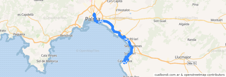 Mapa del recorrido Bus 23: Cala Blava → Plaça d'Espanya de la línea  en Kepulauan Balearic.