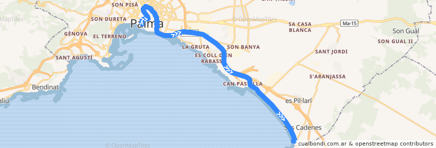 Mapa del recorrido Bus 25: Plaça de la Reina → S'Arenal de la línea  en 팔마데.