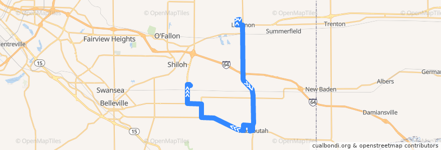 Mapa del recorrido MetroBus 17X Lebanon-Mascoutah (southbound) de la línea  en Illinois.