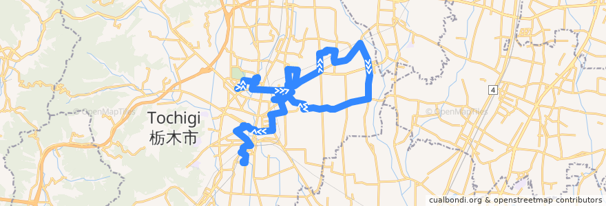 Mapa del recorrido 栃木市ふれあいバス大宮国府線北回り イオン・メディカルとちのき⇒惣社東工業団地⇒栃木駅・メディカルしもつが de la línea  en 栃木市.
