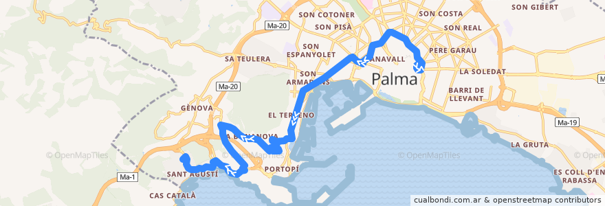 Mapa del recorrido Bus 46: Sindicat → El Terreno → Gènova de la línea  en Пальма.