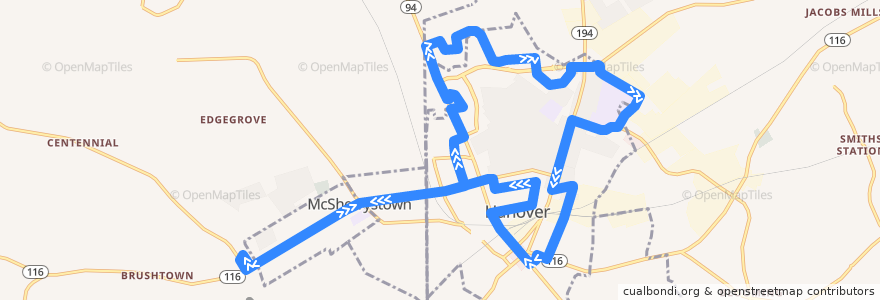 Mapa del recorrido rabbittransit 22N North Hanover de la línea  en بنسيلفانيا.