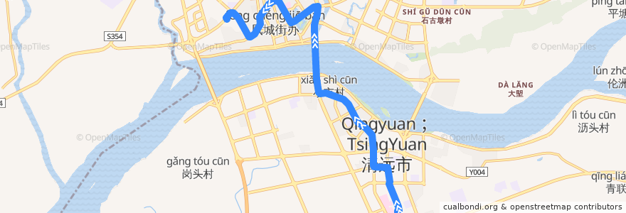 Mapa del recorrido 清远101路公交（市人民医院—小市桥南—胜利雅苑） de la línea  en Цинчэн.
