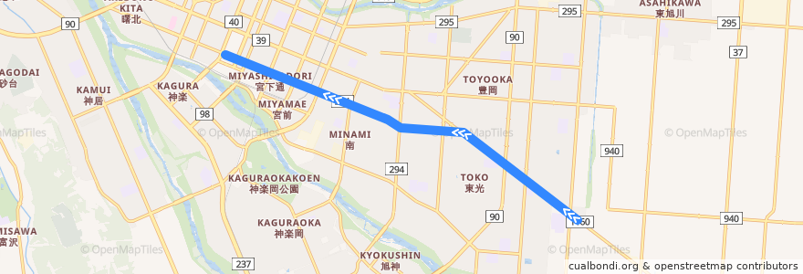 Mapa del recorrido [18]共栄・1条線 de la línea  en Asahikawa.