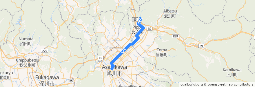 Mapa del recorrido [32]ぴっぷスキー場線 de la línea  en Kamikawa Subprefecture.