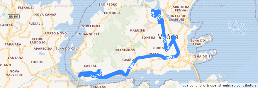 Mapa del recorrido 0151 Santa Marta / Rodoviária via Av Vitória de la línea  en Greater Vitória.