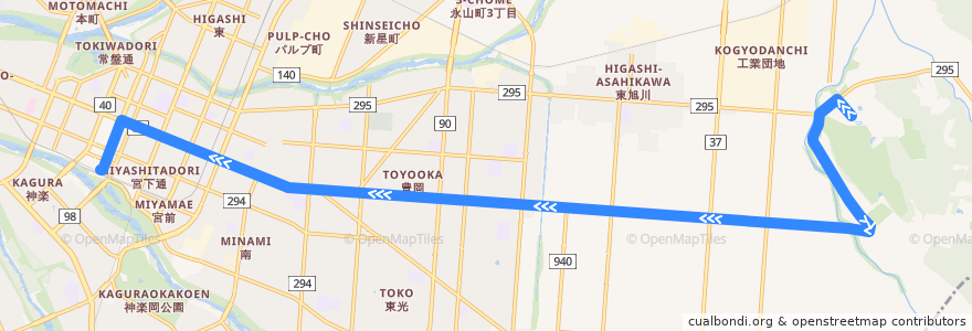 Mapa del recorrido [42]旭山動物園線（急行） de la línea  en 旭川市.