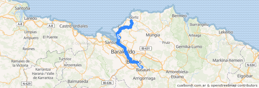 Mapa del recorrido L1 Etxebarri → Plentzia de la línea  en Vizcaya.