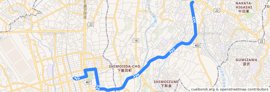 Mapa del recorrido 湘07 下飯田経由 立場ターミナル行 de la línea  en Kanagawa ili.